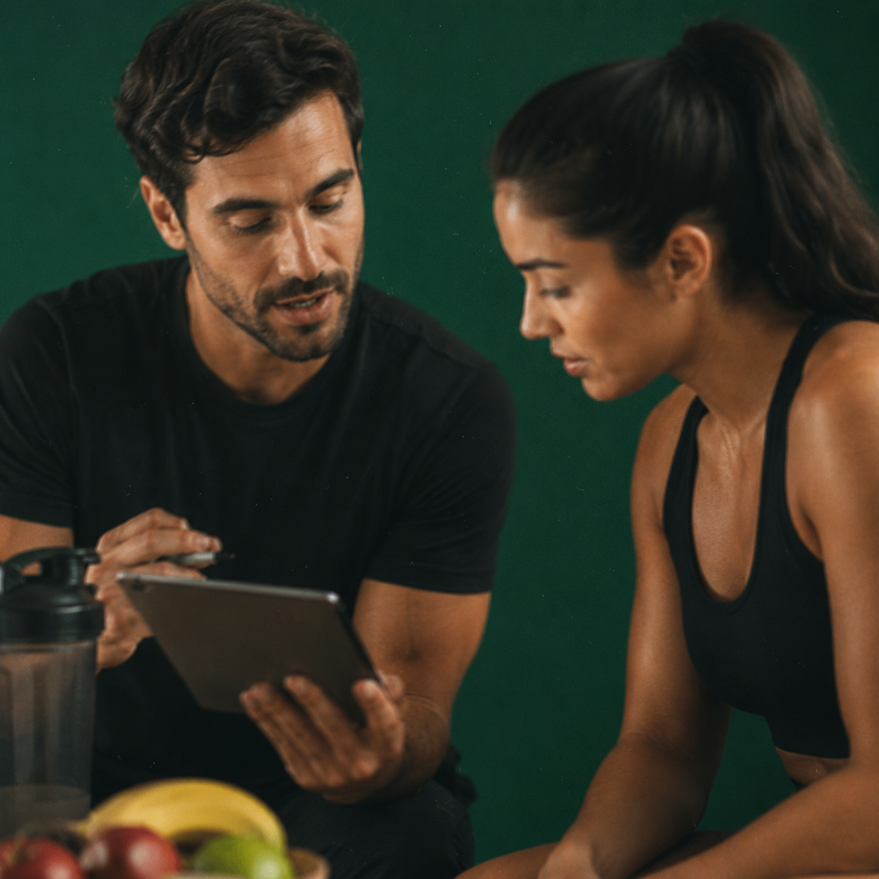 Coach and client reviewing a training plan together on a tablet.